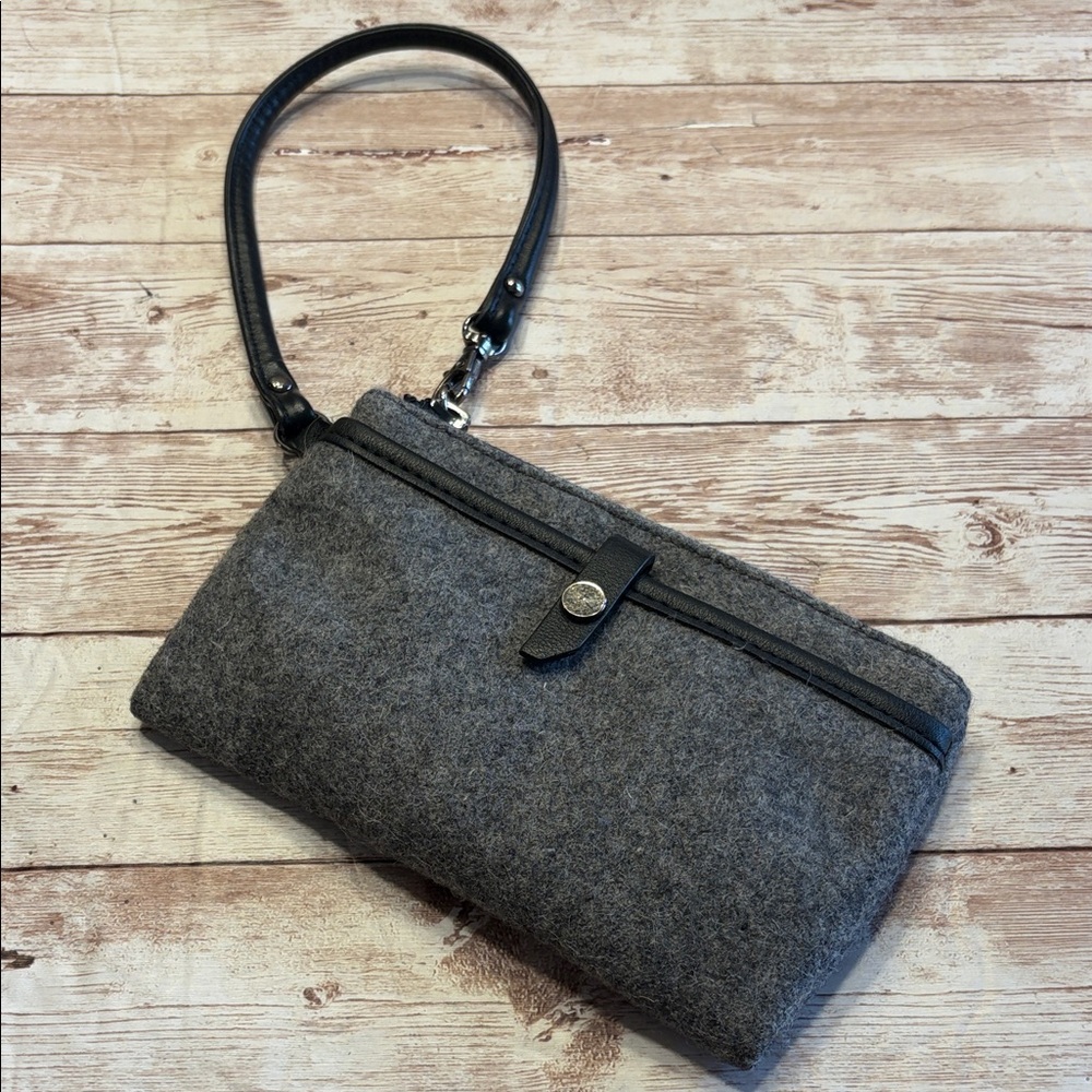 Sherpani Boiled Gray Wool Clutch Wristlet with Black Strap
